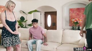 GILF stepmom with huge boobs fucks her two young stepsons