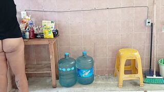 Chubby Stepmother Washes and Cleans the